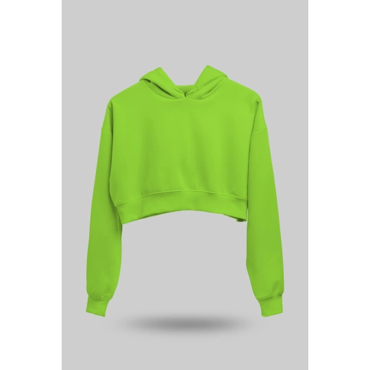 Fıstık Yeşili Kadın Crop Hoodie Kapüşonlu Sweatshirt