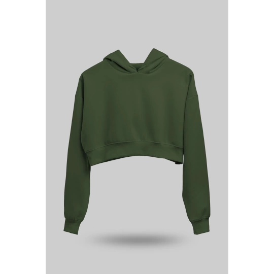 Haki Yeşili Kadın Crop Hoodie Kapüşonlu Sweatshirt