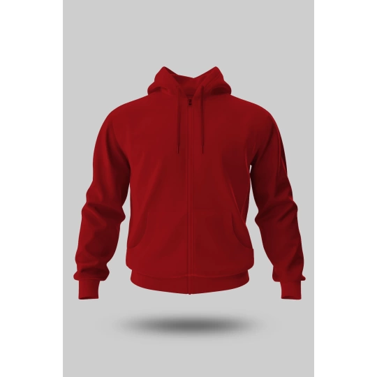 KIRMIZI KAPÜŞONLU FERMUARLI SWEATSHİRT