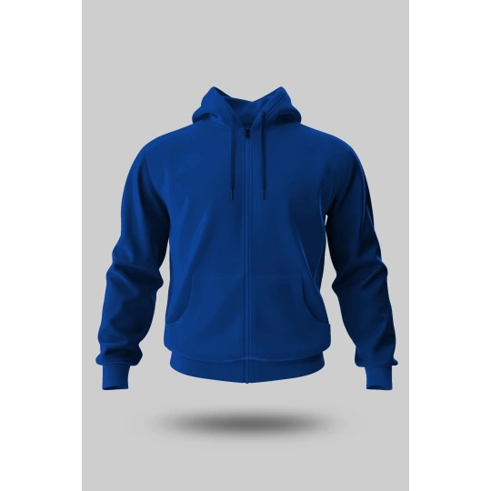 SAKS MAVİSİ KAPÜŞONLU FERMUARLI SWEATSHİRT
