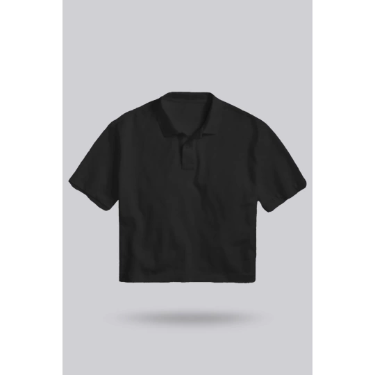 Siyah Kadın Crop Polo Yaka Tişört