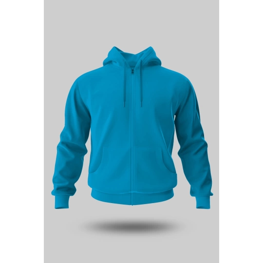 TURKUAZ KAPÜŞONLU FERMUARLI SWEATSHİRT