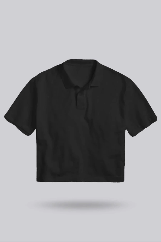 Siyah Kadın Crop Polo Yaka Tişört