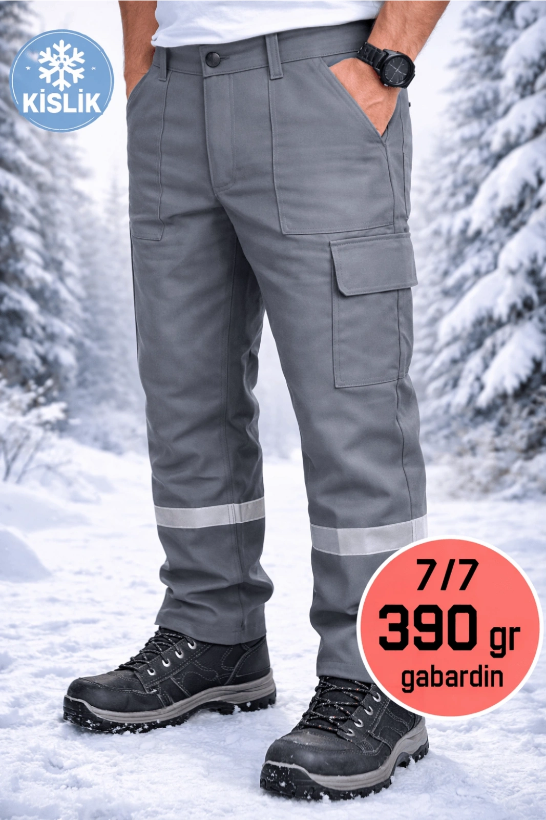 Gri Reflektörlü 7/7 Kışlık Kalın Gabardin Pantolon