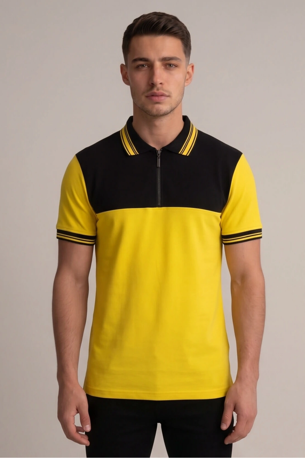 Velocity Model Fermuarlı Polo Yaka Tişört Sarı Siyah