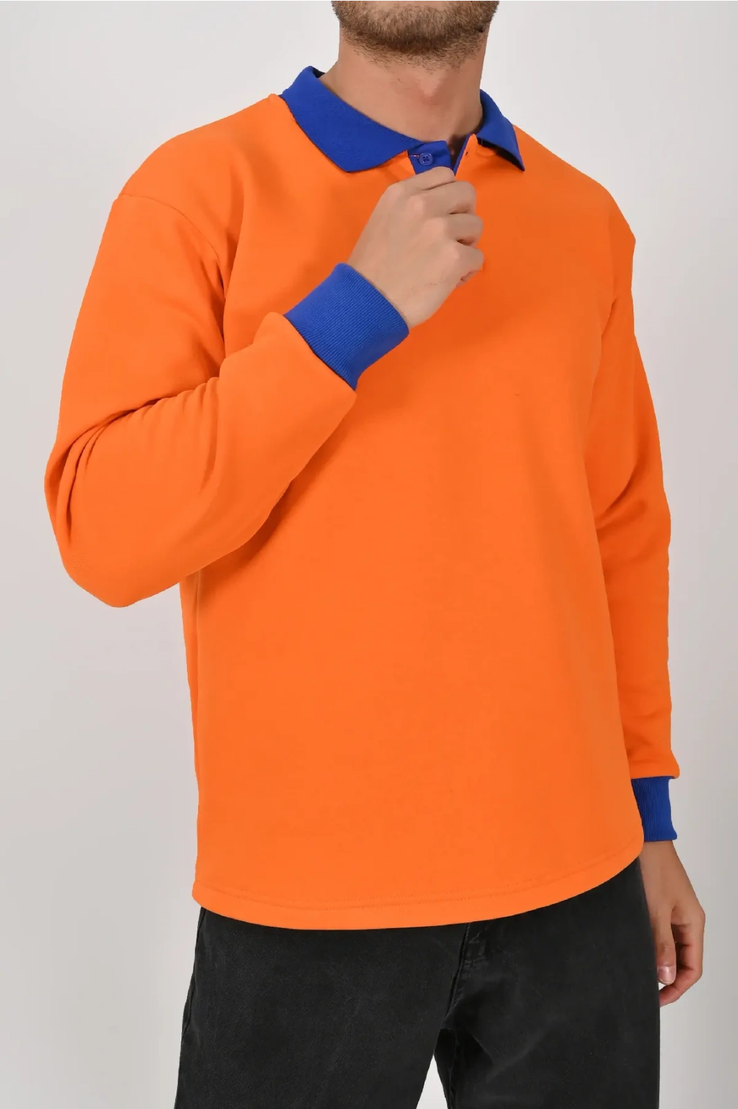 Kışlık Turuncu Polo Yaka Sweatshirt Sax Yakalı