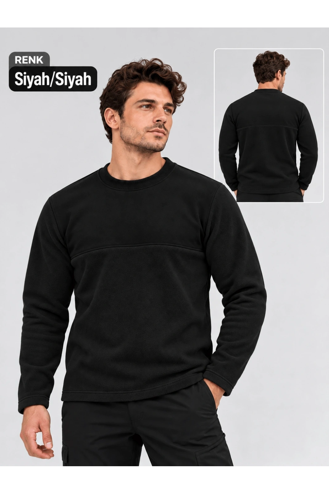 Micro Thermal 220 gr SİYAH Bisiklet Yaka Sweatshirt