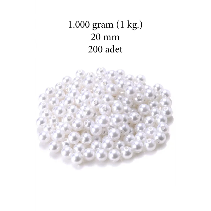 1.000 gram (1 kg.) 20mm Beyaz Renk Plastik İnci Boncuk Çanta ve Takı Yapım Boncuğu (~200 adet)