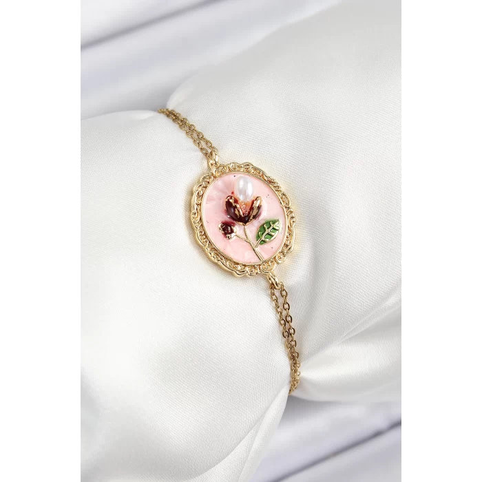 316L Çelik Zincir Pembe Mineli Sanatsal Portre İnci Detaylı Lale Model Gold Renk Kadın Bileklik