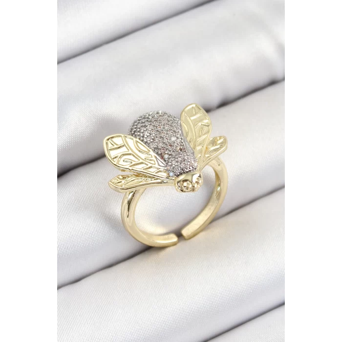 Pirinç Zirkon Taşlı Arı Model Gümüş Ve Gold Renk Kadın Yüzük