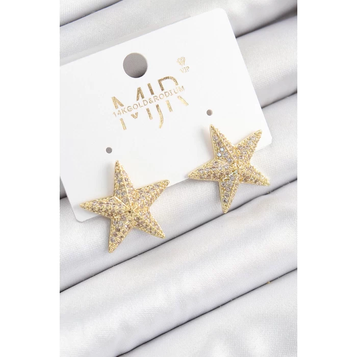 Pirinç Zirkon Taşlı Yıldız Model Gold Renk Kadın Küpe
