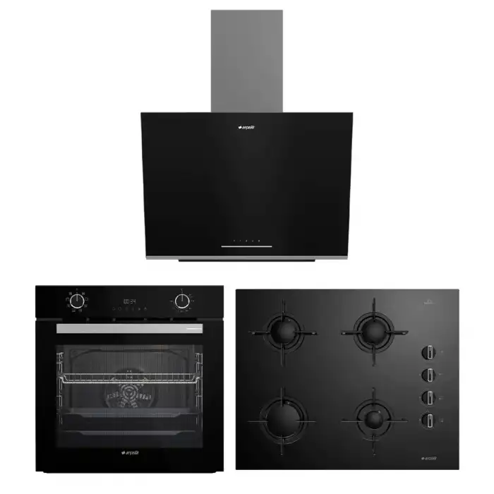 Arçelik Yeni Siyah Üçlü Buhar Destekli Cam Ankastre Set