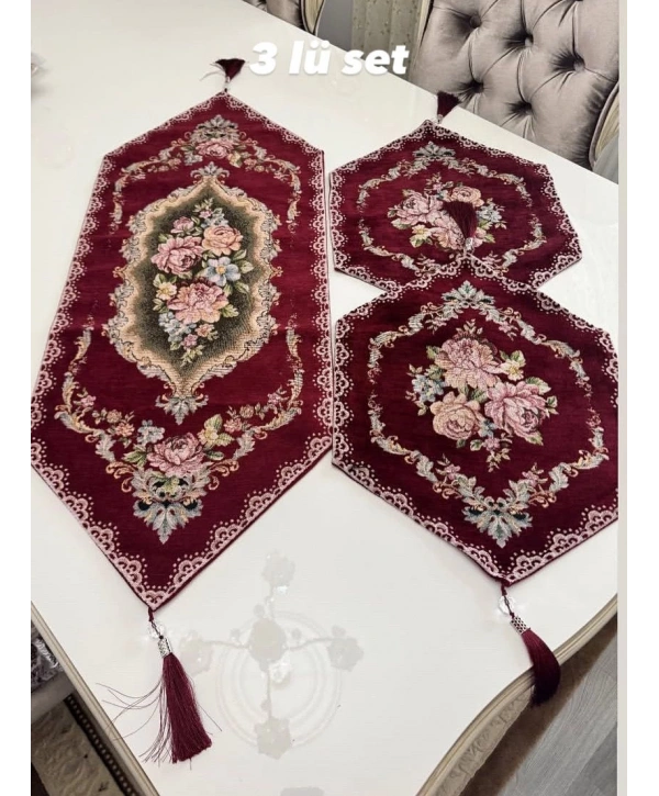 GOBLEN RUNNER PÜSKÜLÜ 3 LÜ SET BORDO