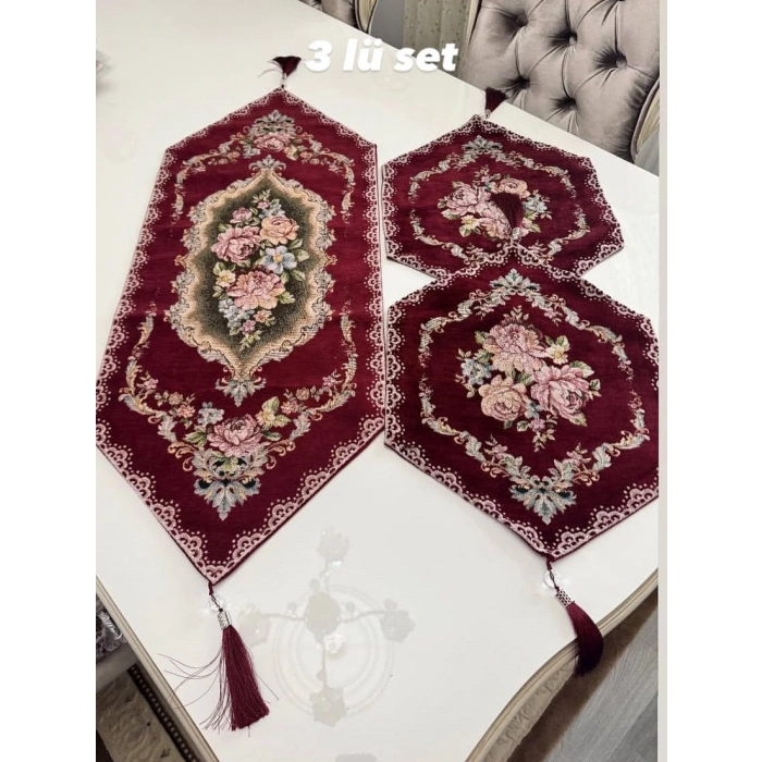 GOBLEN RUNNER PÜSKÜLÜ 3 LÜ SET BORDO