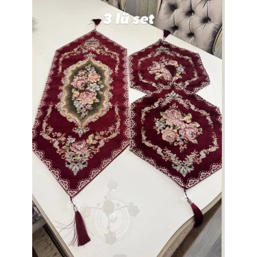 GOBLEN RUNNER PÜSKÜLÜ 3 LÜ SET BORDO