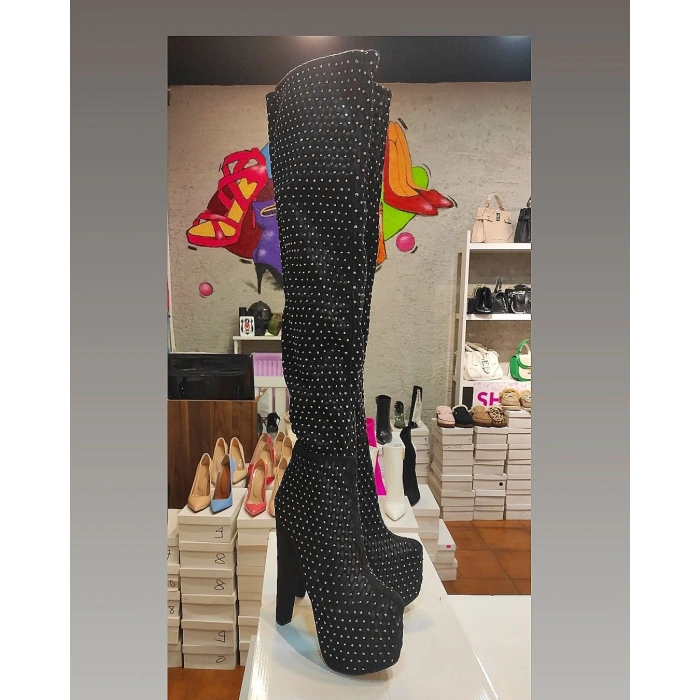 Siyah Taşlı Diz Üstü Platform Çizme