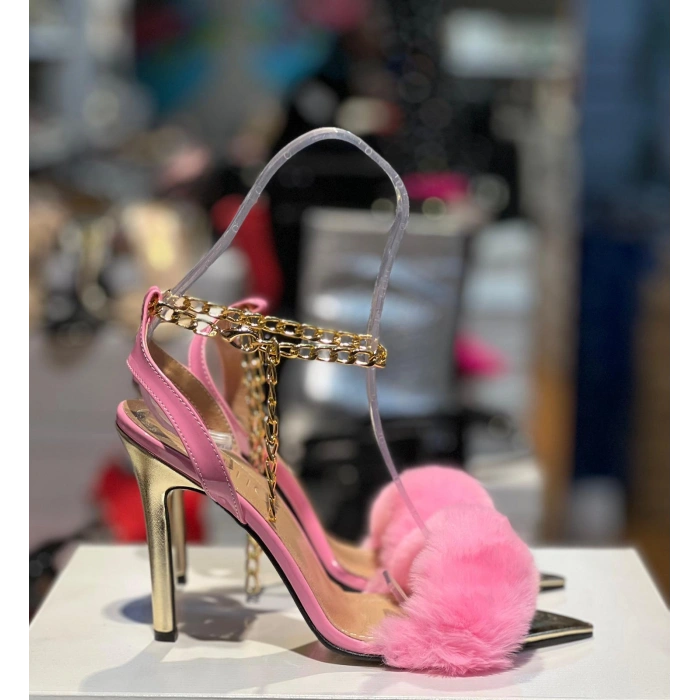 Pembe Peluş Tek Bant Topuklu