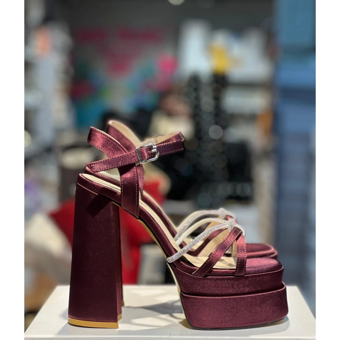 Bordo Saten Taşlı Çift Platform