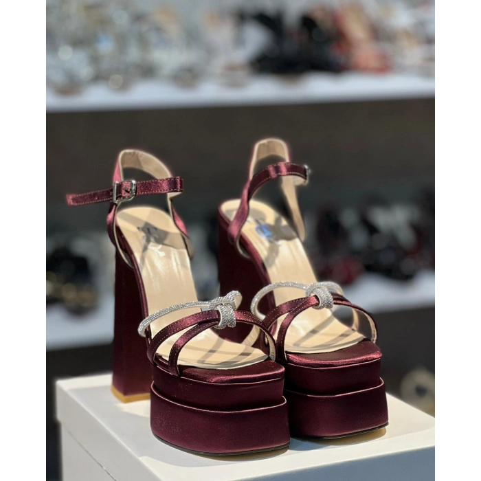Bordo Saten Taşlı Çift Platform
