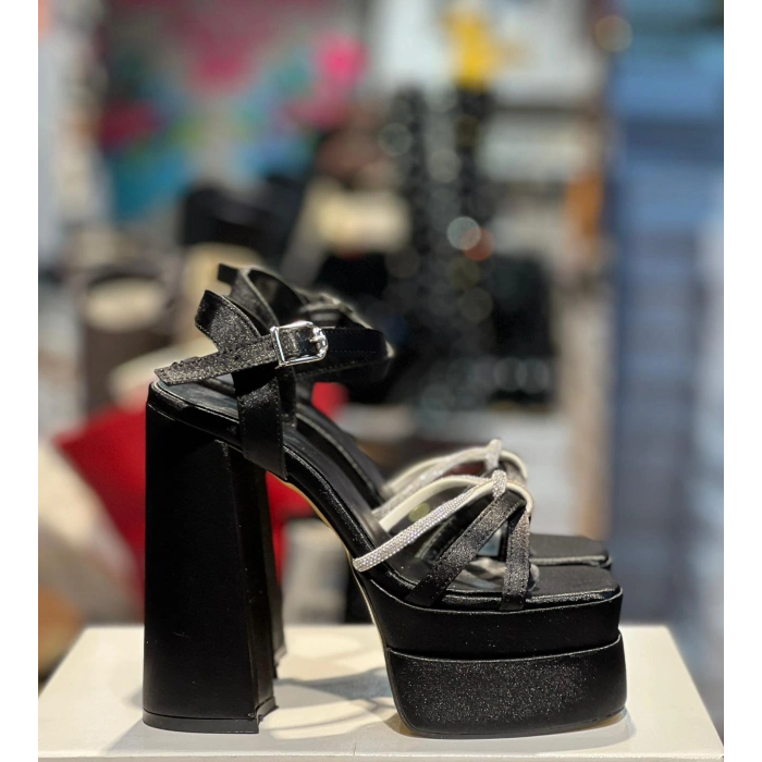 Siyah Saten Taşlı Çift Platform