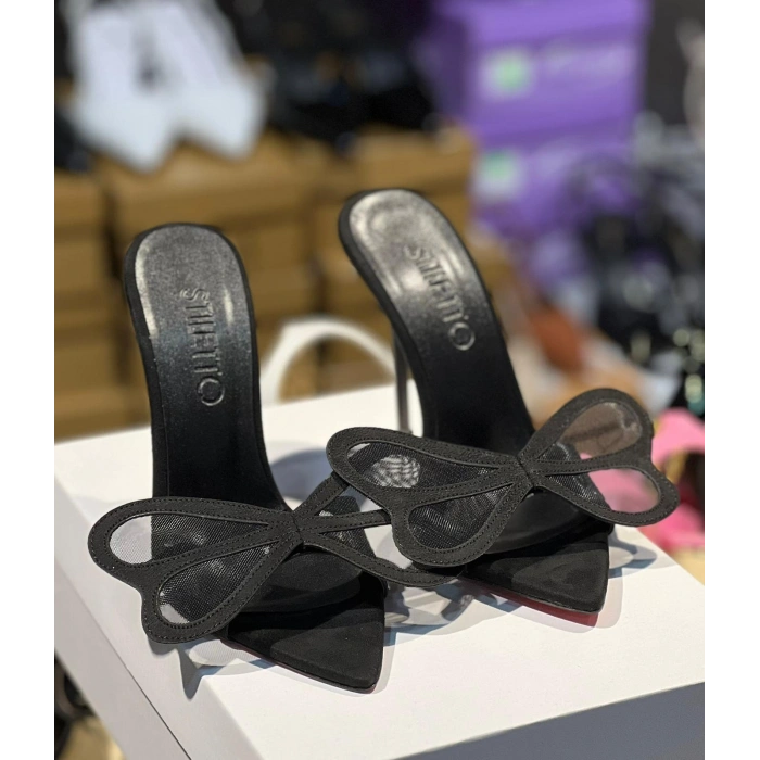 Siyah Süet Kelebek Topuklu Terlik