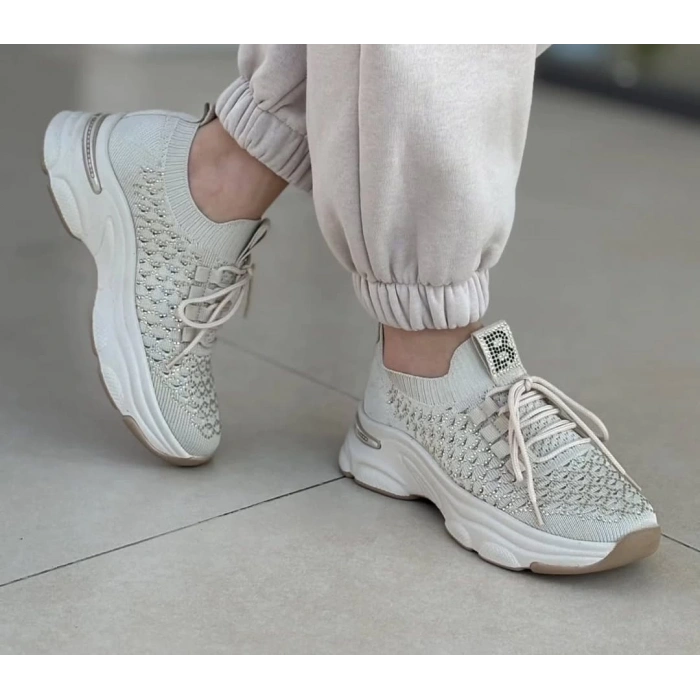 Bej Triko Taşlı Sneakers