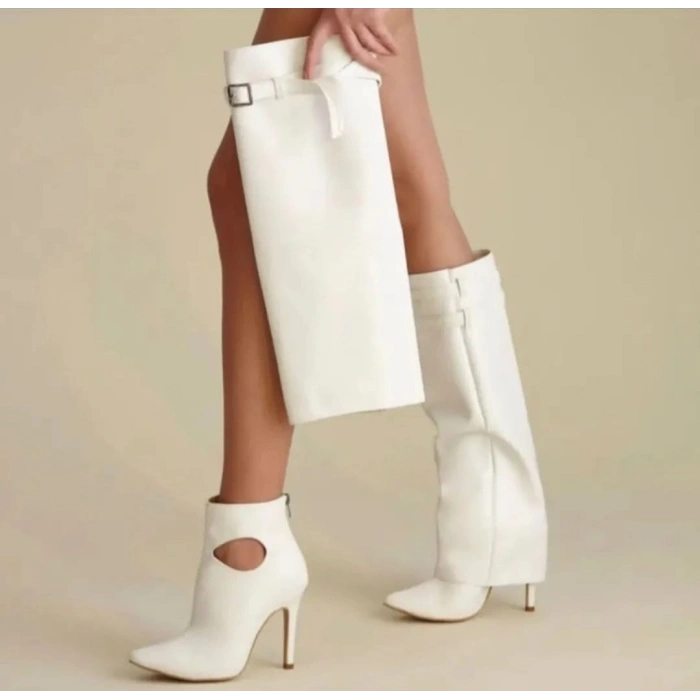 Beyaz Deri Diz Altı Bootie Çizme