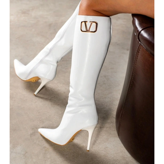 Beyaz Deri Diz Altı Çizme