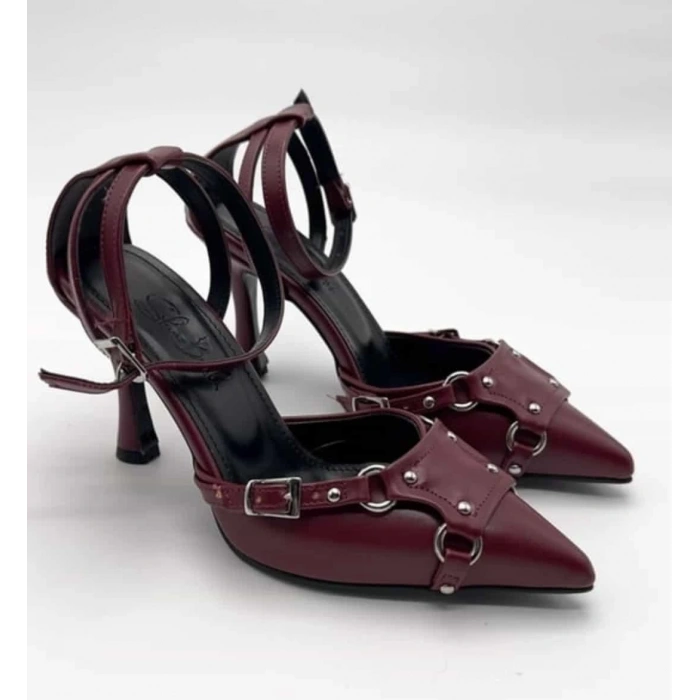 Bordo Deri Aksesuarlı Stiletto