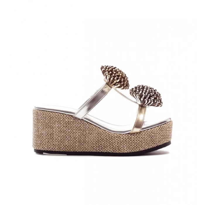 Gümüş Ve Gold Çiçekli Dolgu Topuk