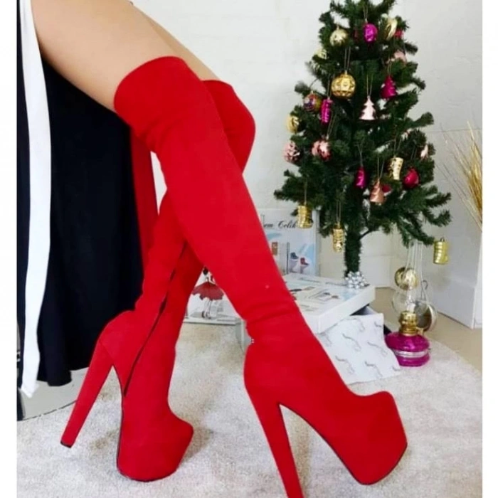 Kırmızı Süet Diz Üstü Platform Çizme