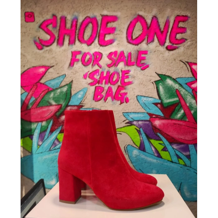 Kırmızı Süet Kalın Topuk Bootie