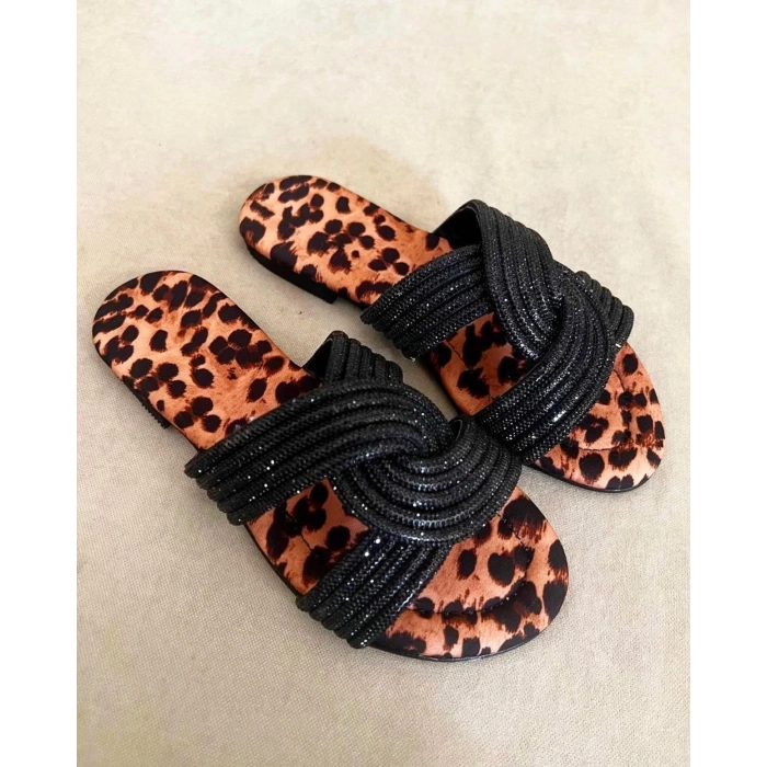 Leopar Siyah Kristal Taşlı Terlik