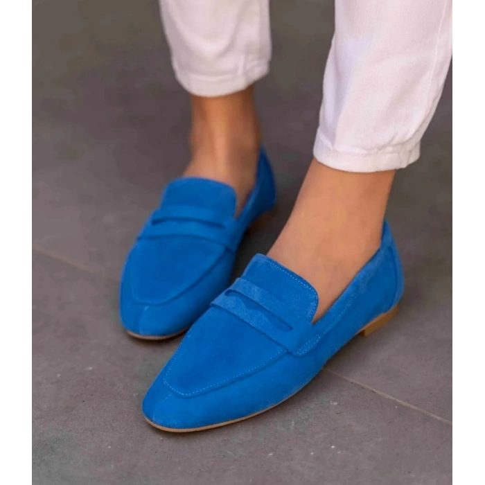 Mavi Hakiki Süet Deri Babet