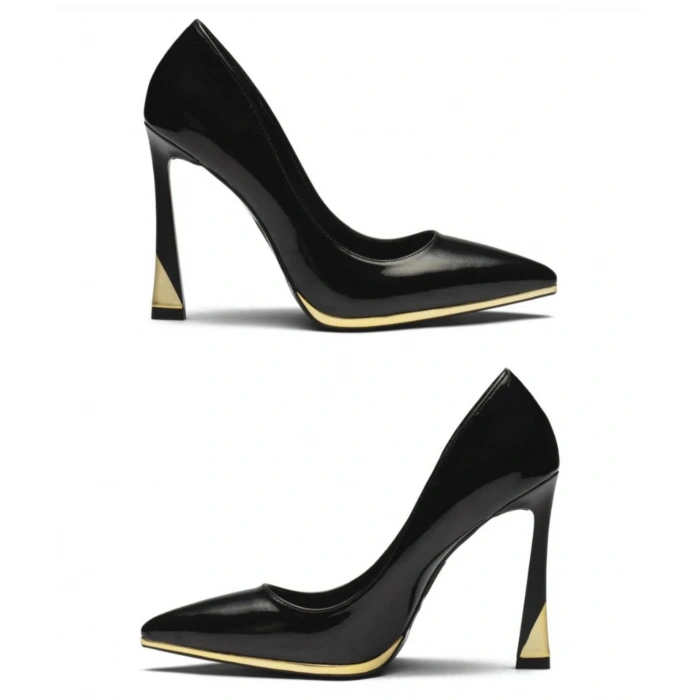 Siyah Deri Gold Detay Stiletto