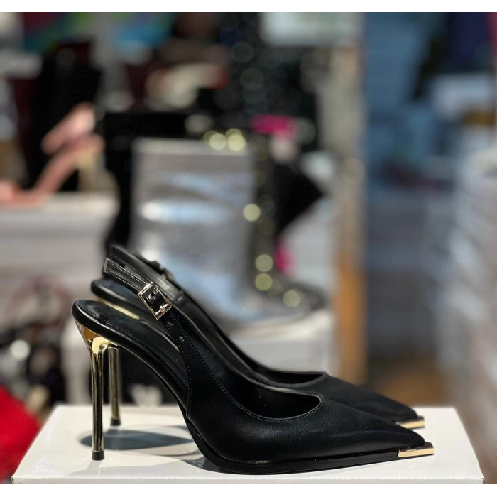 Siyah Deri Gold Topuk Stiletto