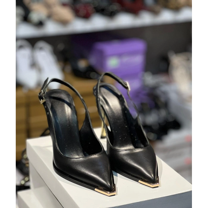Siyah Deri Gold Topuk Stiletto