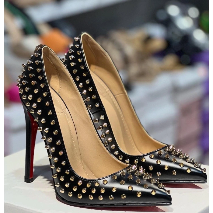 Siyah Deri Gold Troklu Stiletto