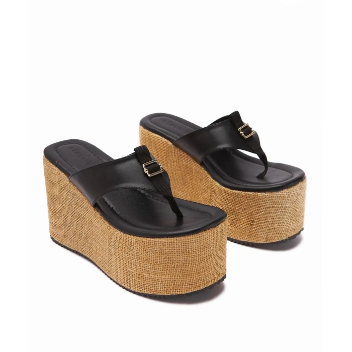 Siyah Deri Parmak Arası Dolgu Topuk