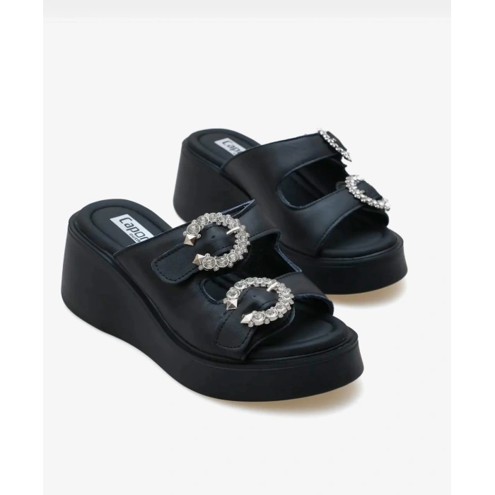 Siyah Hakikie Deri Taş Tokalı Dolgu Terlik