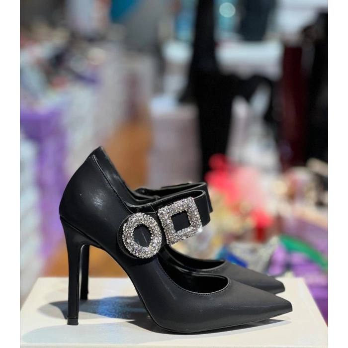 Siyah Özel Malzeme Kemeri Taşlı Stiletto
