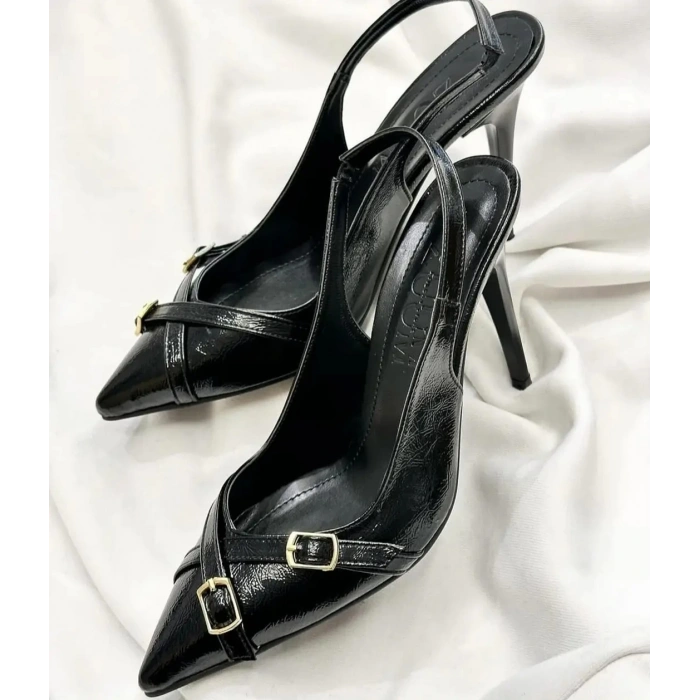 Siyah Rugan Kırışık Deri Stiletto