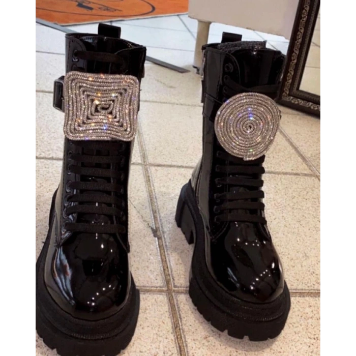 Siyah Rugan Taşlı Postal