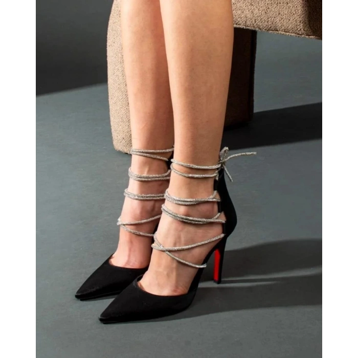 Siyah Saten Taşlı Bağcıklı Stiletto