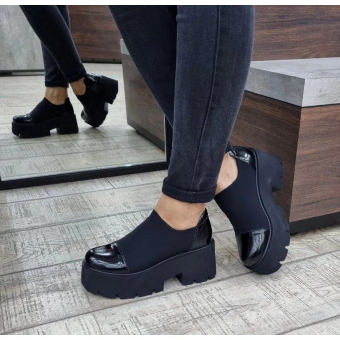 Siyah scuba kumaş Kalın Taban Loafer