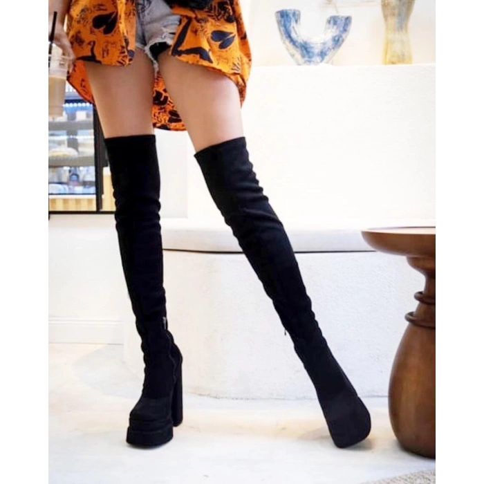 Siyah Süet Streç Diz Üstü Platform Çizme