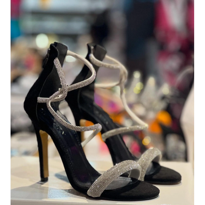 Syah Süet Özel Taş Bantlı Topuklu