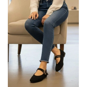 Siyah Süet Çift Bantlı Babet