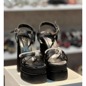 Siyah Saten Taşlı Çift Platform