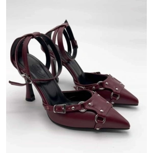 Bordo Deri Aksesuarlı Stiletto